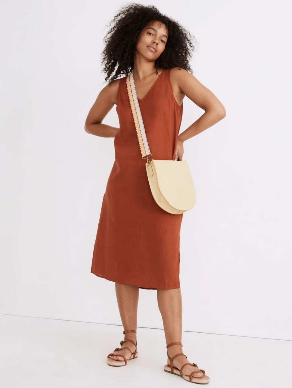 Madewell Linen-Blend V-Neck Tank Dress XS Rust Minimalist Quiet Luxury Capsule